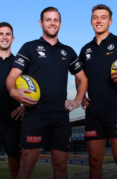 MELBOURNE, AUSTRALIA - DECEMBER 05: Leaders Ed Curnow, Marc Murphy, Co- Captains Sam Docherty and Patrick Cripps and Kade Simpson of the Blues pose during a Carlton Blues AFL media opportunity at Ikon Park on December 05, 2018 in Melbourne, Australia. (Photo by Michael Dodge/Getty Images/AFL Media)